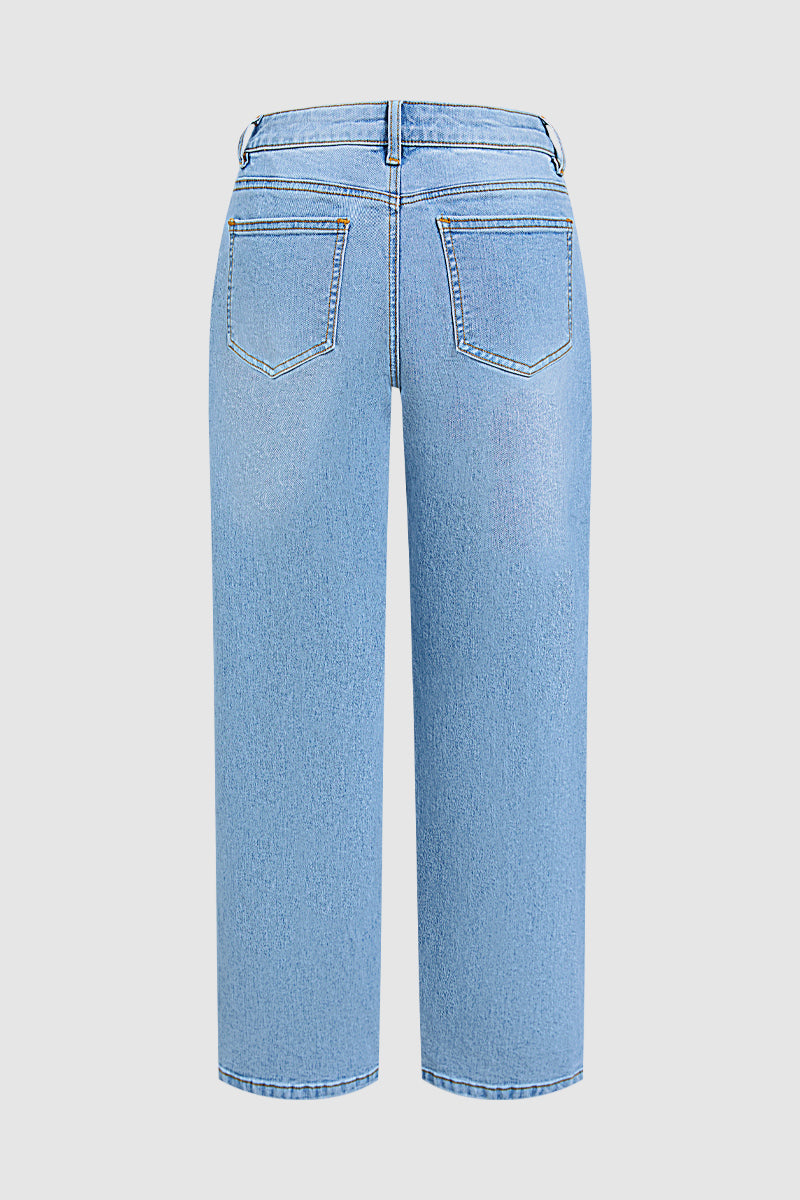 Wash Stitch Detail Mid Waist Straight Leg Jeans Without Belt