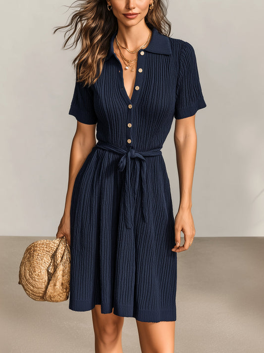 Chic Vintage Navy Blue Lapel Collar Button-Front Short-Sleeve Tie-Waist Ribbed Knit A-Line Mini Dress