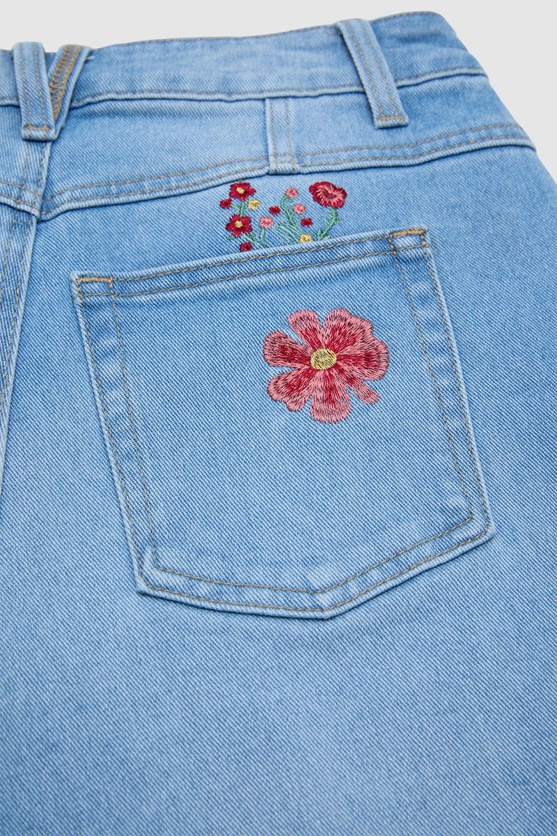 Wash Floral Embroidery Mid Rise Denim Bermuda Shorts