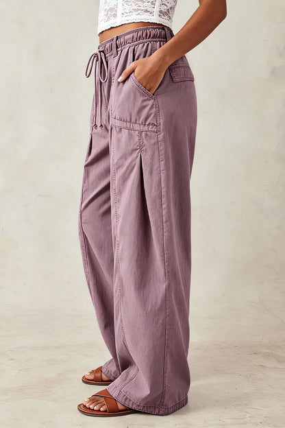 Solid Stitch Detail Flap Decor Drawstring Pleated Mid Waist Wide Leg Pants