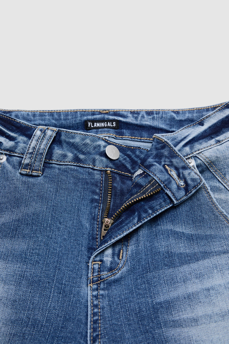 Button Tab Roll Hem Mid Waist Skinny Capri Jeans
