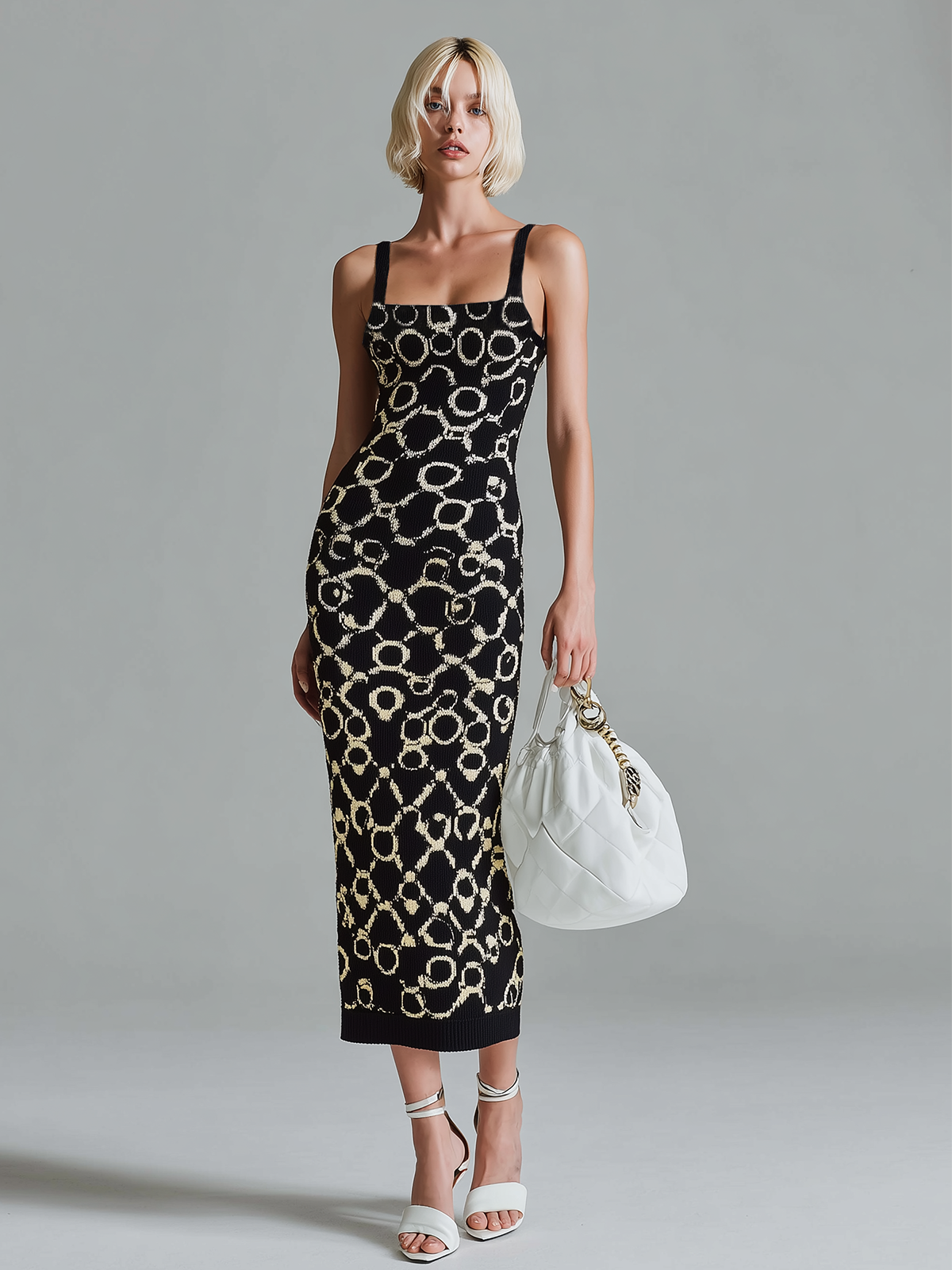 Fashion Retro Black And White Geometric Pattern Jacquard Sleeveless Slim-fit Bodycon Ribbed Knit Midi Dress