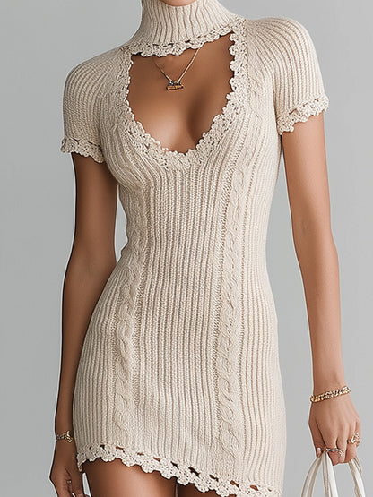 Chic Elegant Beige Turtle Neck Cutout Details Lace Trim Short Sleeve Slim-Fit Cable Knit Mini Dress