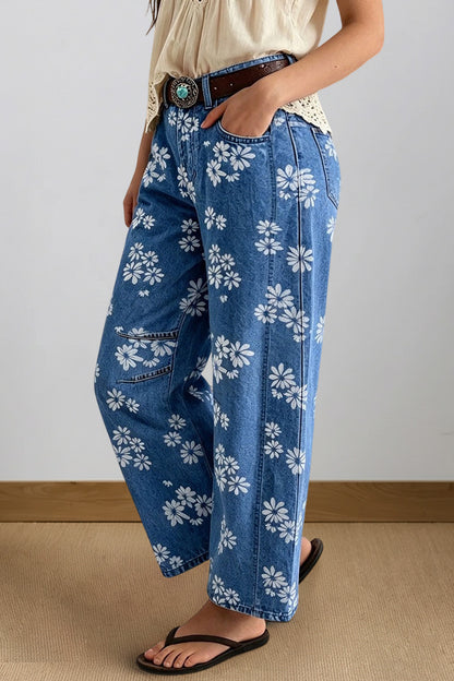 Floral Pattern Mid Waist Barrel Leg Crop Jeans Without Belt