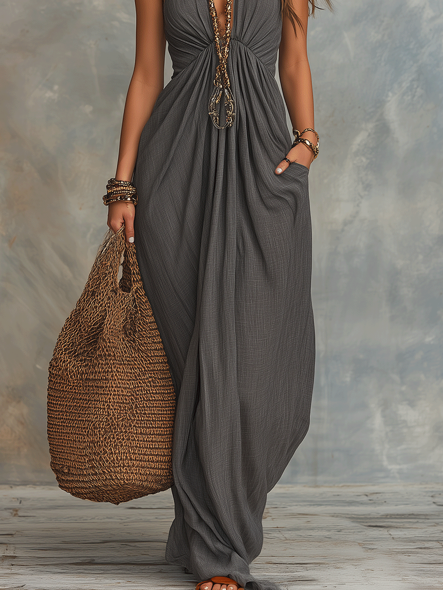 Robe longue raffinée style bohème à col bénitier