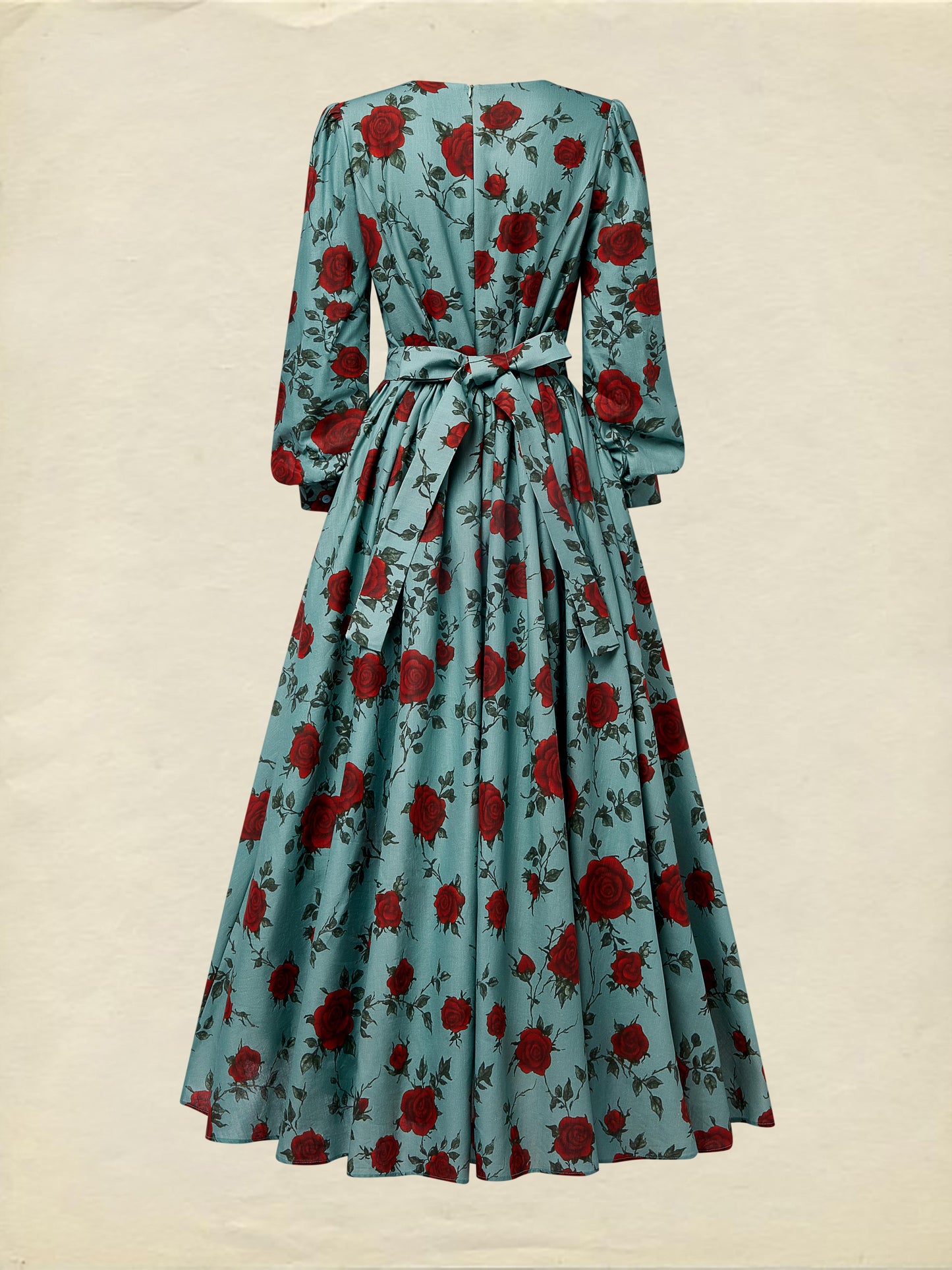 Robe longue en lin, manches longues, col en V, motif floral, ceinture, style vintage, verte
