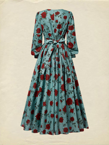 Robe longue en lin, manches longues, col en V, motif floral, ceinture, style vintage, verte