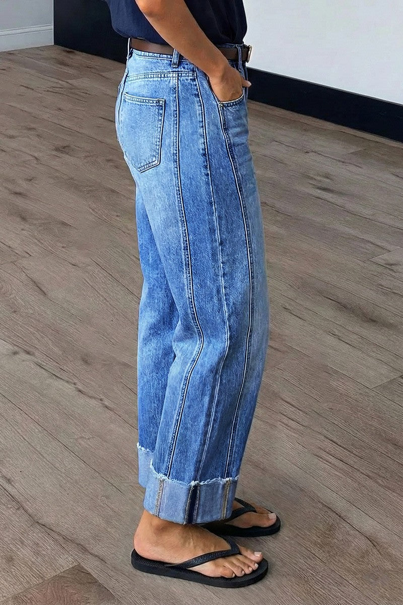 Wash Seam Front Roll Raw Hem Mid Rise Straight Leg Crop Jeans Without Belt