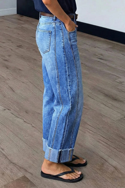 Wash Seam Front Roll Raw Hem Mid Rise Straight Leg Crop Jeans Without Belt