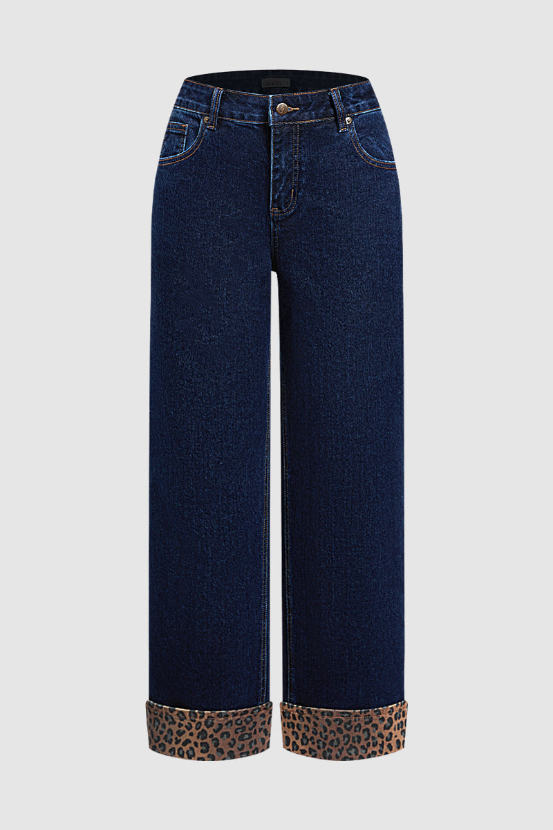 Leopard Print Studded Roll Hem Mid Waist Straight Leg Jeans