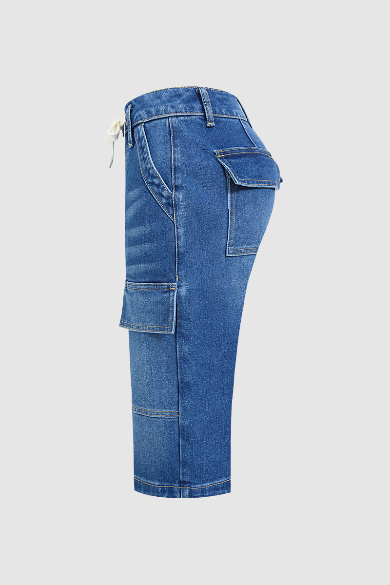 Wash Flap Pocket Drawstring Mid Rise Denim Bermuda Shorts