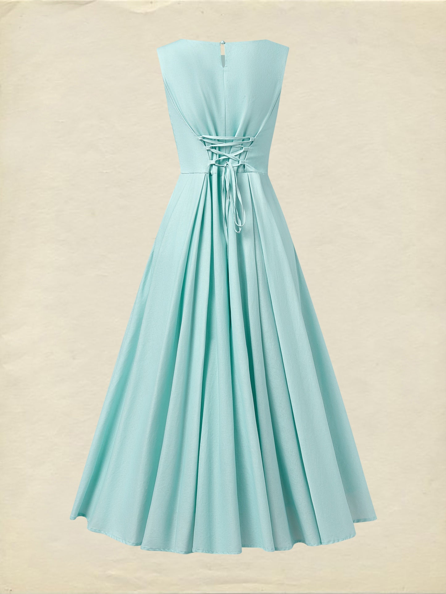 Robe longue en lin, sans manches, col rond, motif plumes, poches, vintage, bleu ciel