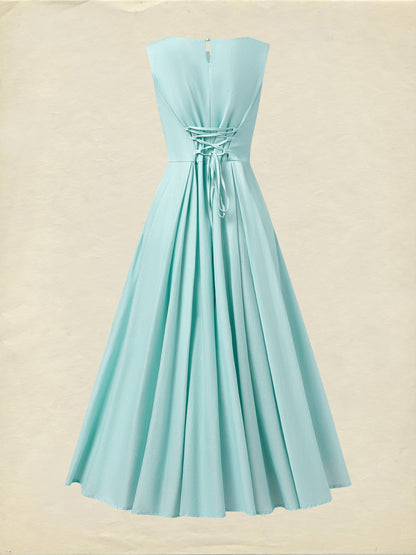 Robe longue en lin, sans manches, col rond, motif plumes, poches, vintage, bleu ciel