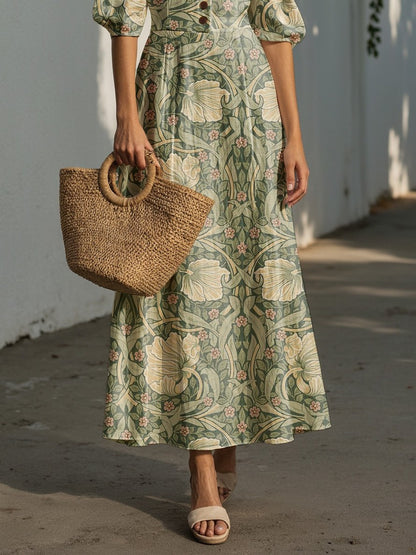 Robe longue en lin, manches courtes, col à revers, motif cachemire, boutonnée, vacances, vintage, verte