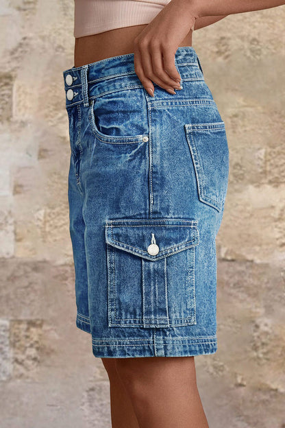 Wash Flap Pocket Dual Button Mid Rise Cargo Denim Bermuda Shorts