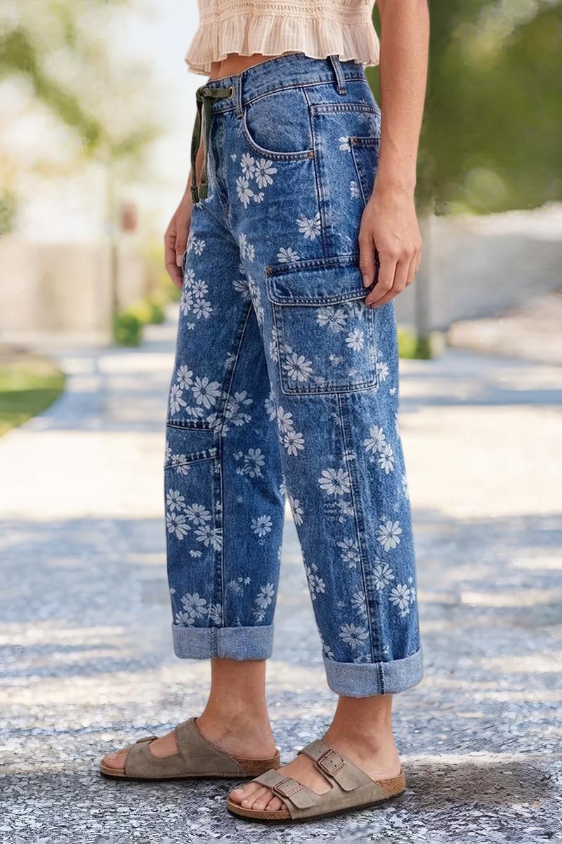 Floral Print Roll Hem Drawstring High Waist Barrel Leg Crop Jeans