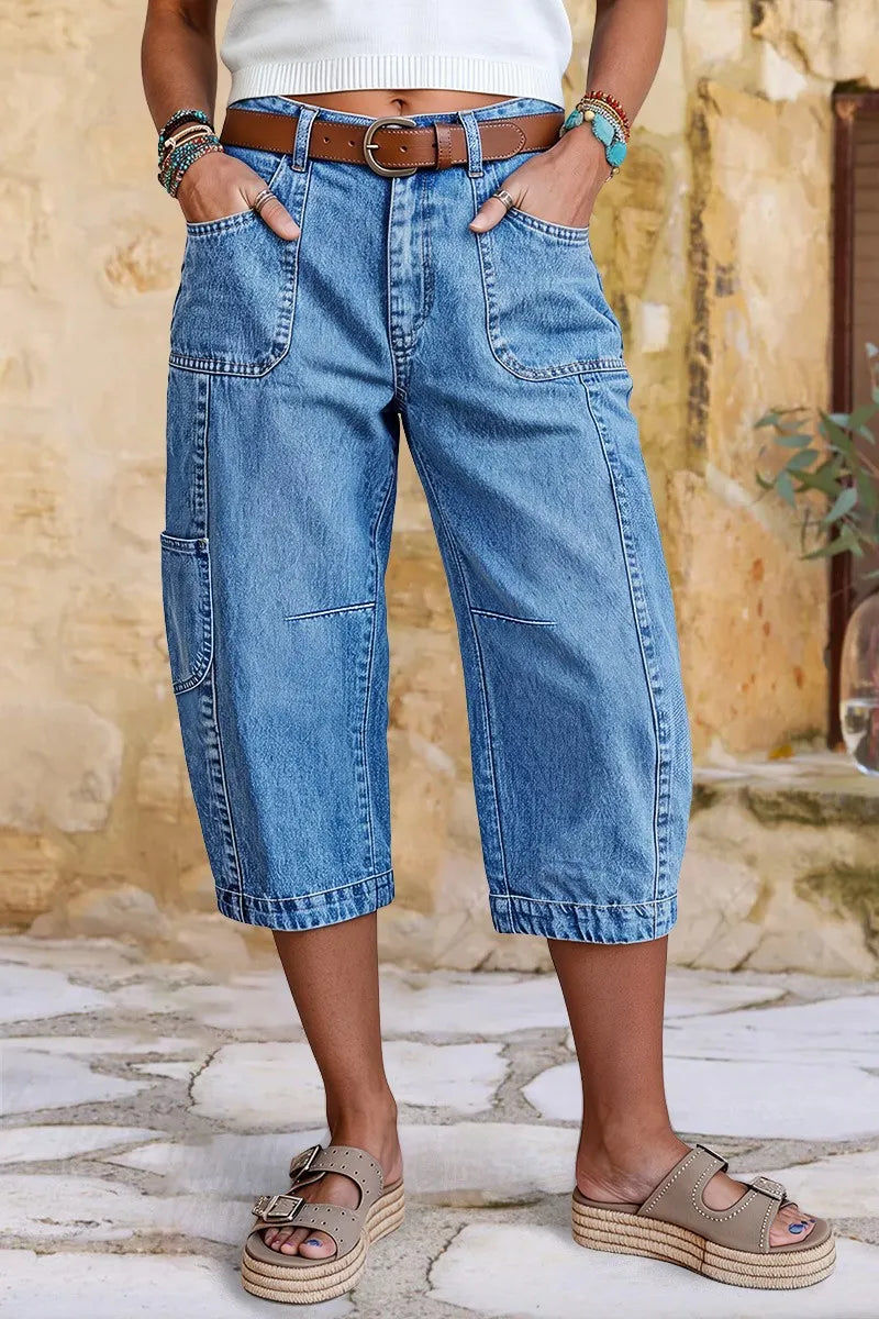 Patch Pocket Seam Detail Mid Rise Barrel Leg Capri Jeans Without Belt