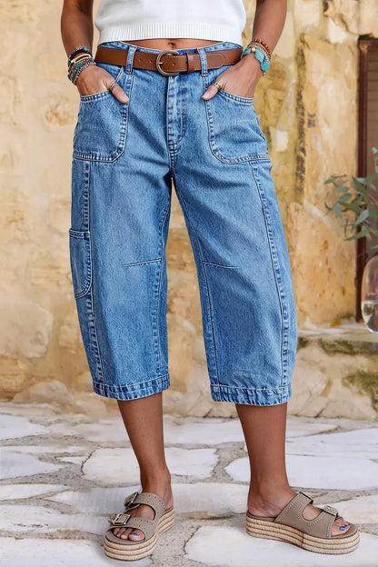 Patch Pocket Seam Detail Mid Rise Barrel Leg Capri Jeans Without Belt