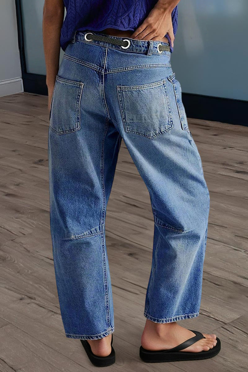 Drawstring Patch Pocket Mid Waist Barrel Leg Jeans