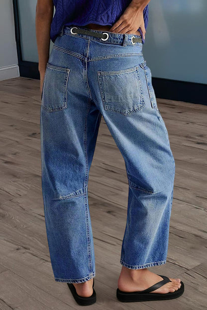 Drawstring Patch Pocket Mid Waist Barrel Leg Jeans