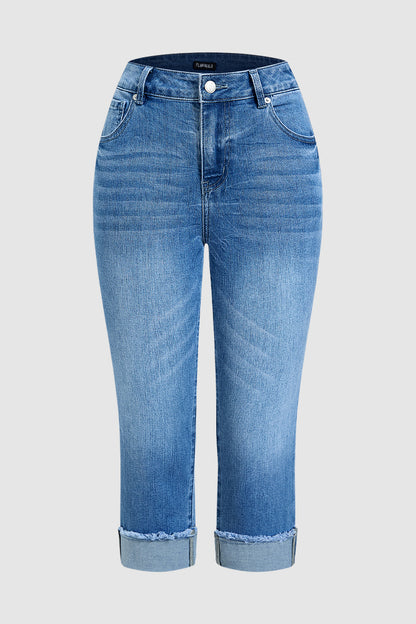 Roll & Raw Hem Criss Cross Mid Waist Straight Leg Capri Jeans