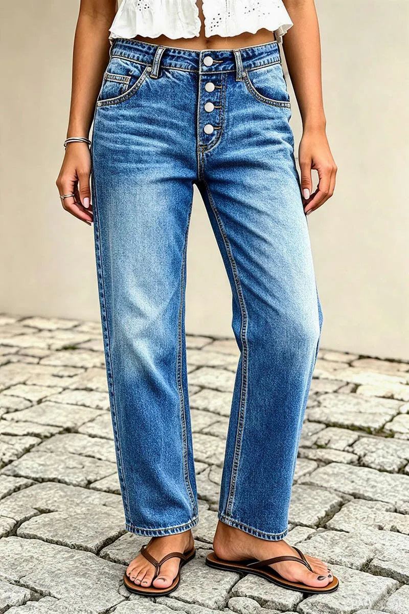 Wash Button Fly Mid Waist Straight Leg Jeans