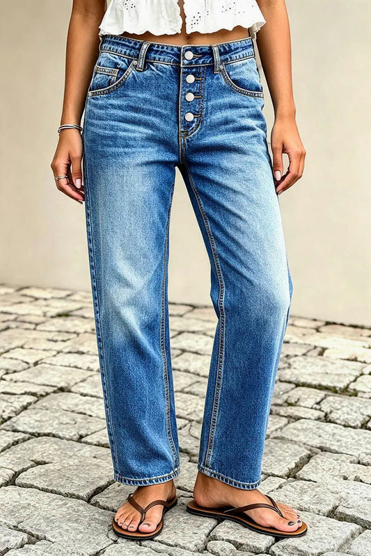 Wash Button Fly Mid Waist Straight Leg Jeans