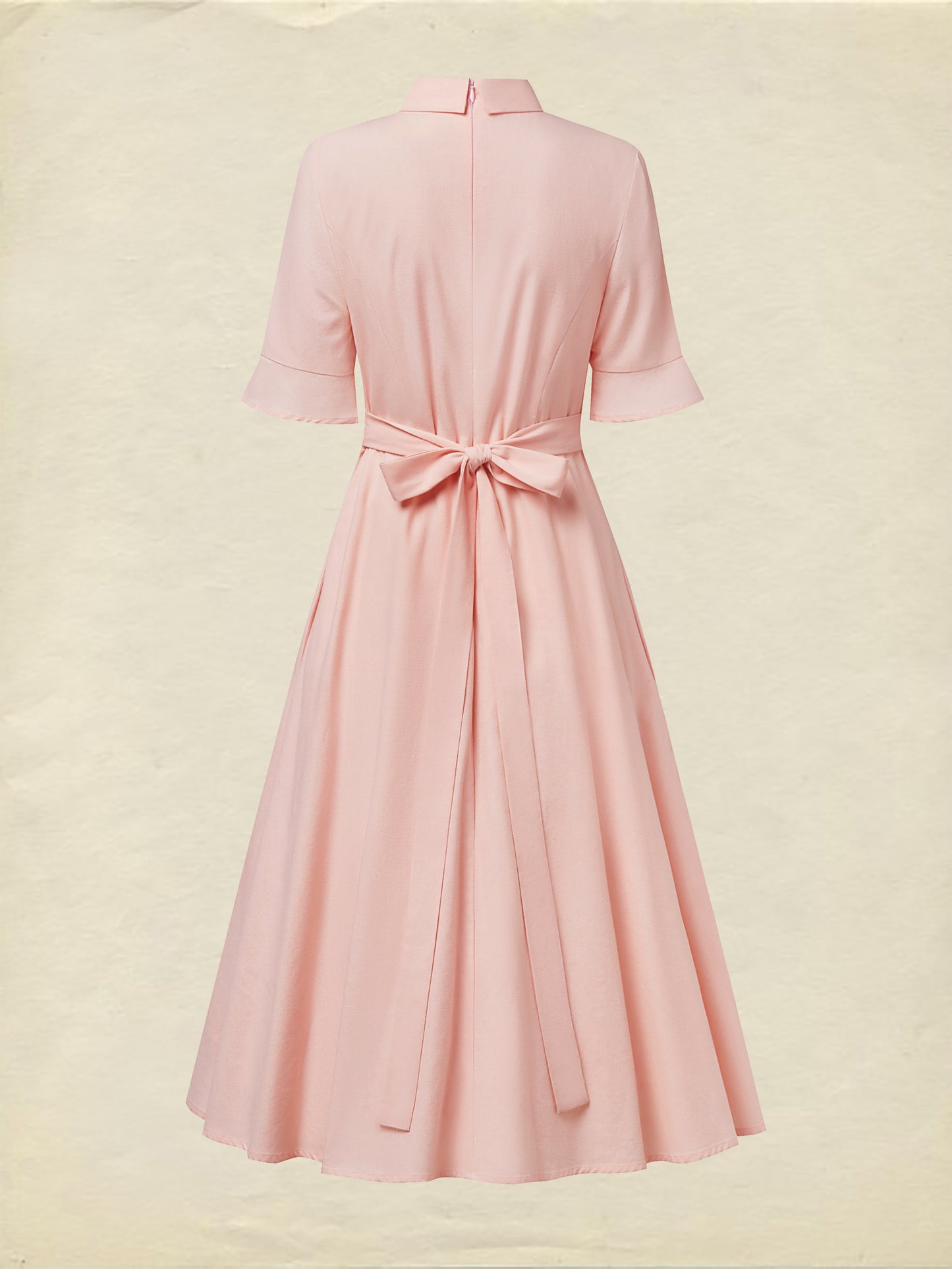 Robe en lin midi, demi-manches, col rond, unie, nœud, vintage français, rose clair