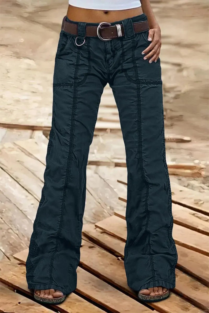 Solid Stitch Detail Mid Rise Straight Leg Cargo Pants Without Belt