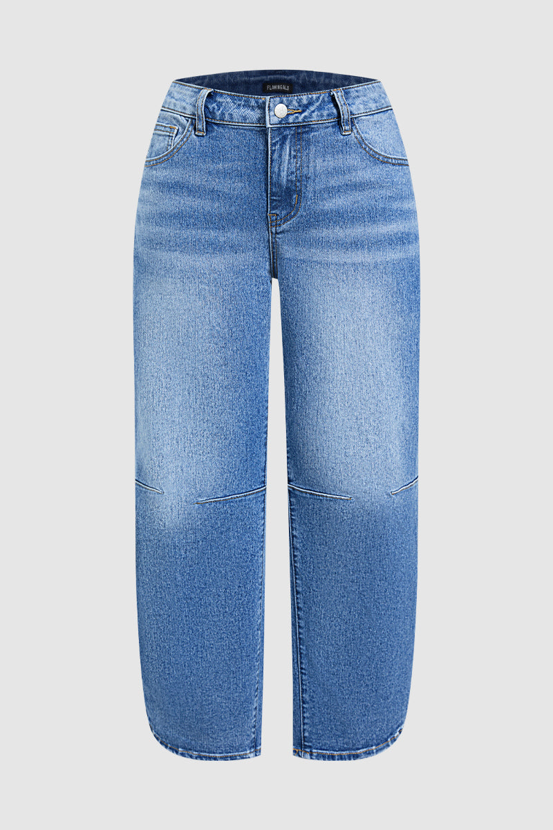Wash Side Split Hem Detail Mid Waist Wide Leg Cropped Jeans Without Belt