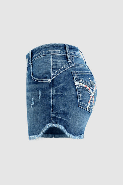 Raw Hem Embroidery Flap Decor Split Mid Waist Denim Shorts
