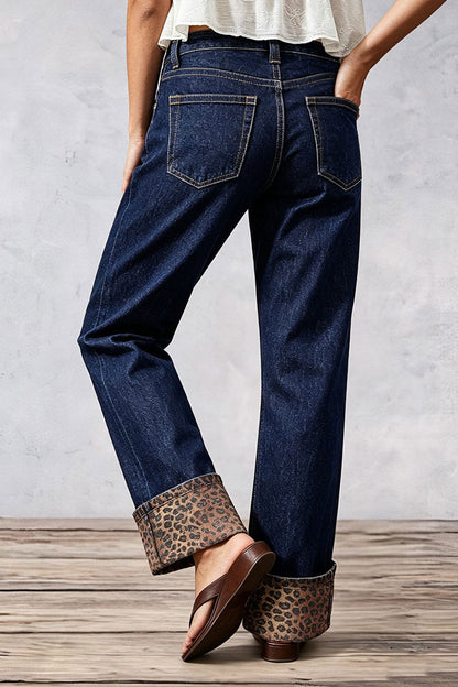 Leopard Print Studded Roll Hem Mid Waist Straight Leg Jeans