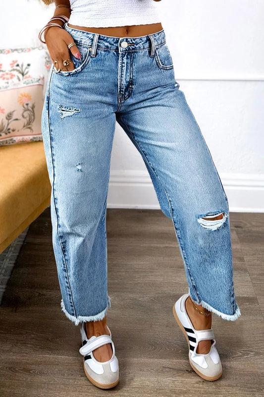 Raw Hem Ripped Mid Waist Straight Leg Crop Jeans