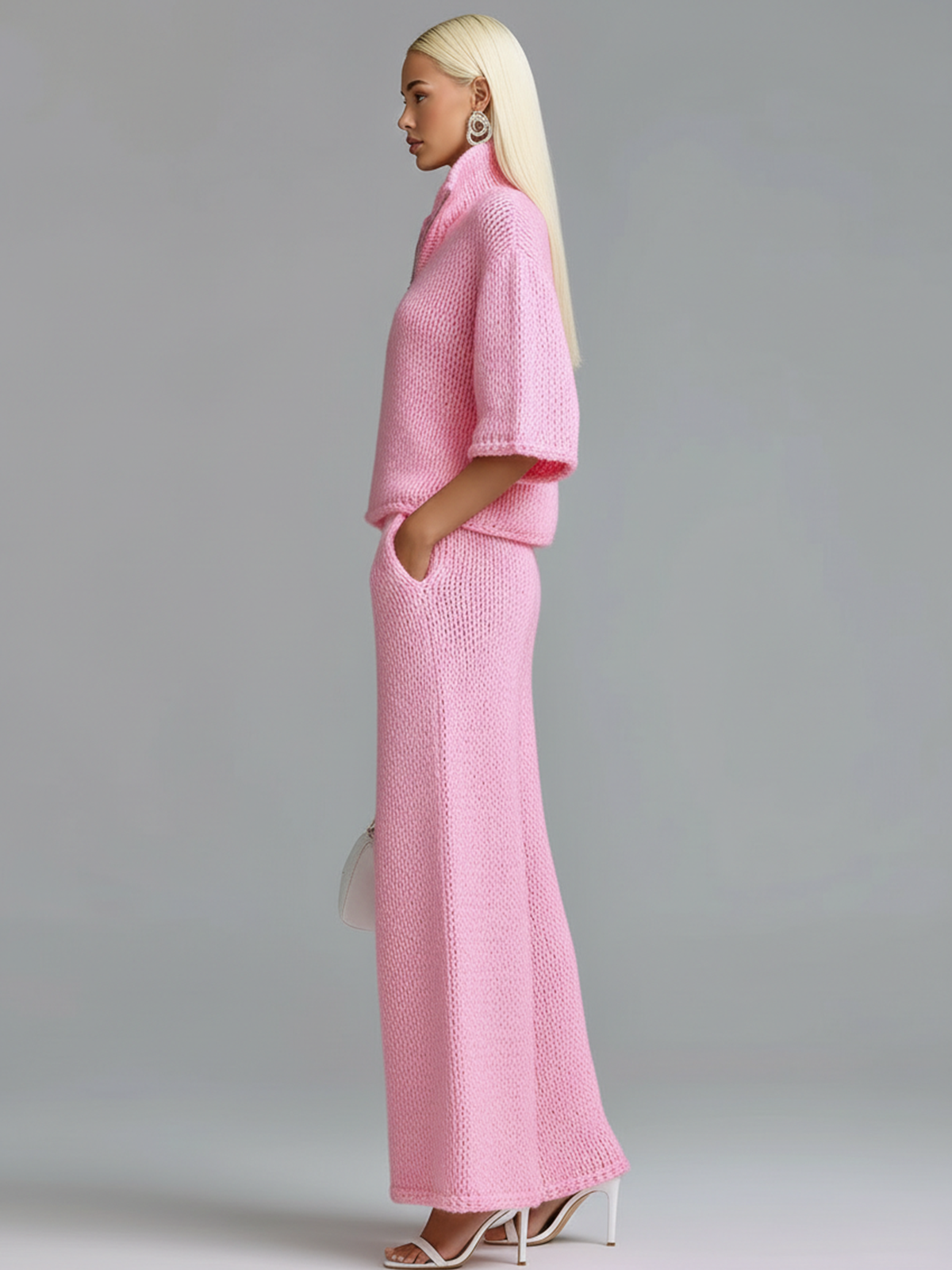 Stylish Elegant Barbie Pink Lapel Seven-Quarter Sleeve Half-Zip Loose Sweater And Wide-Leg Pants Two-Piece Set