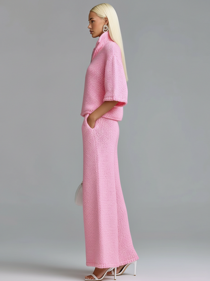 Stylish Elegant Barbie Pink Lapel Seven-Quarter Sleeve Half-Zip Loose Sweater And Wide-Leg Pants Two-Piece Set