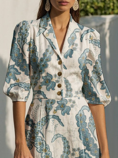 Robe longue en lin, manches courtes, col châle, motif cachemire, boutonnée, vacances, style vintage, blanche