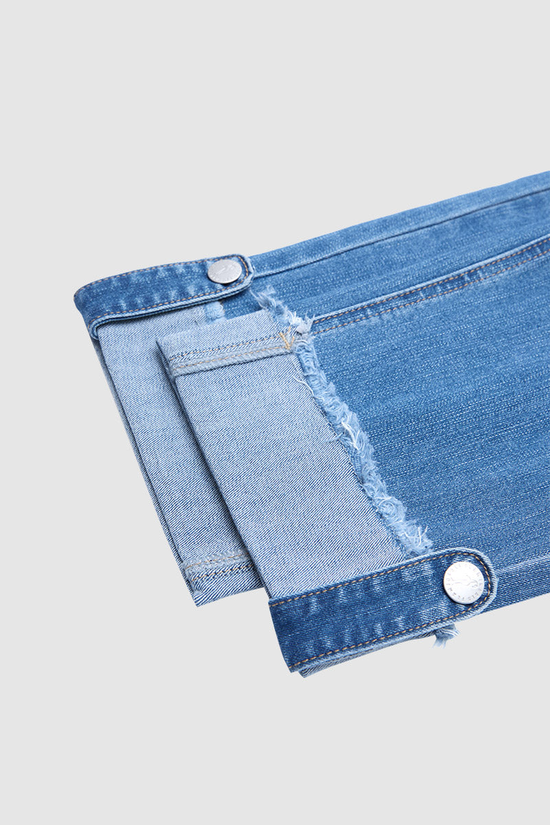Wash Ripped Roll Hem Mid Rise Straight Leg Crop Jeans