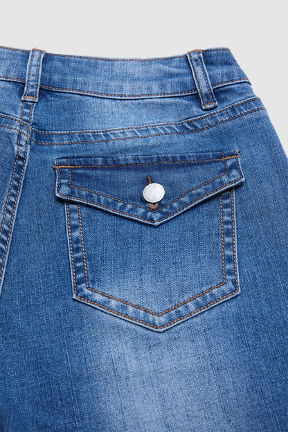 Raw Hem Button Tab Mid Waist Skinny Capri Jeans