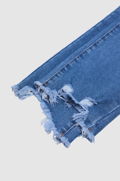 Wash Ripped Raw Hem Mid Rise Straight Leg Crop Jeans Without Belt