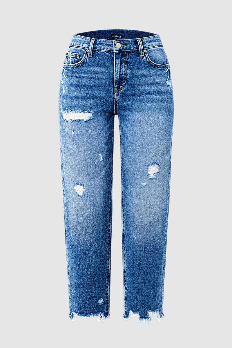 Wash Ripped Raw Hem Mid Rise Straight Leg Crop Jeans Without Belt