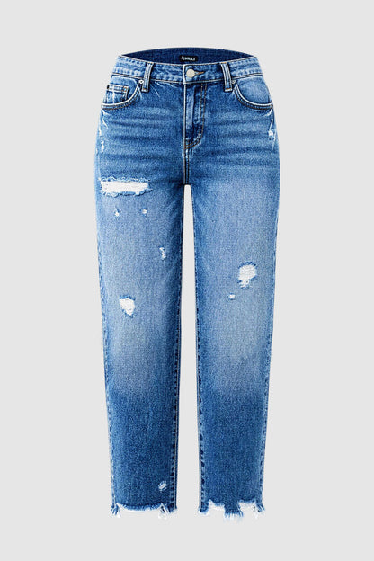 Wash Ripped Raw Hem Mid Rise Straight Leg Crop Jeans Without Belt