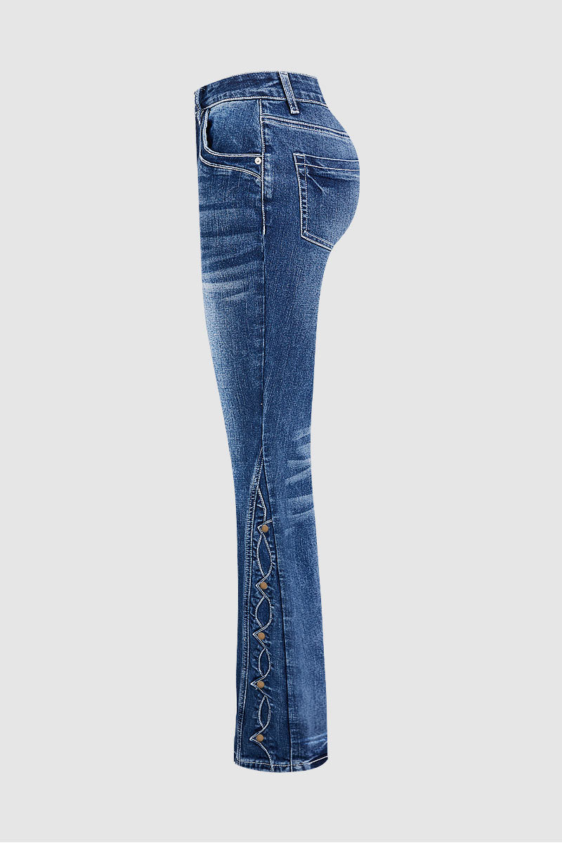 Wash Studded Side Mid Waist Bootcut Jeans Without Belt