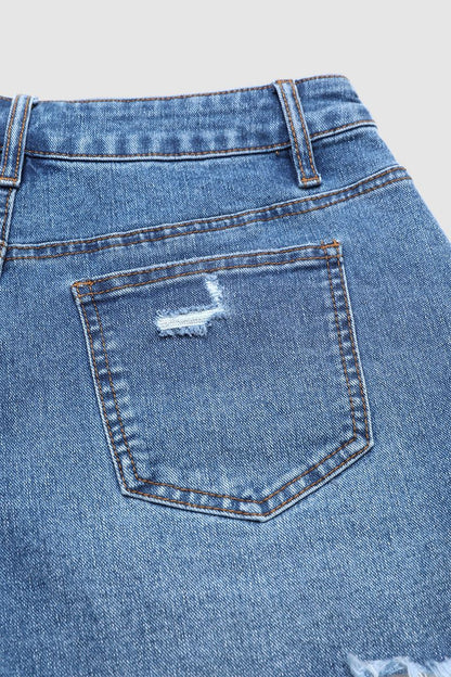 Wash Raw Hem Ripped Mid Waist Denim Shorts