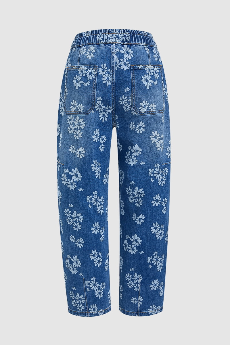 Floral Print Patch Pocket Drawstring Elastic Mid Rise Barrel Leg Crop Jeans