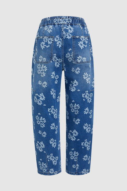 Floral Print Patch Pocket Drawstring Elastic Mid Rise Barrel Leg Crop Jeans
