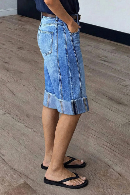 Seam Front Raw Hem High Rise Denim Bermuda Shorts Without Belt
