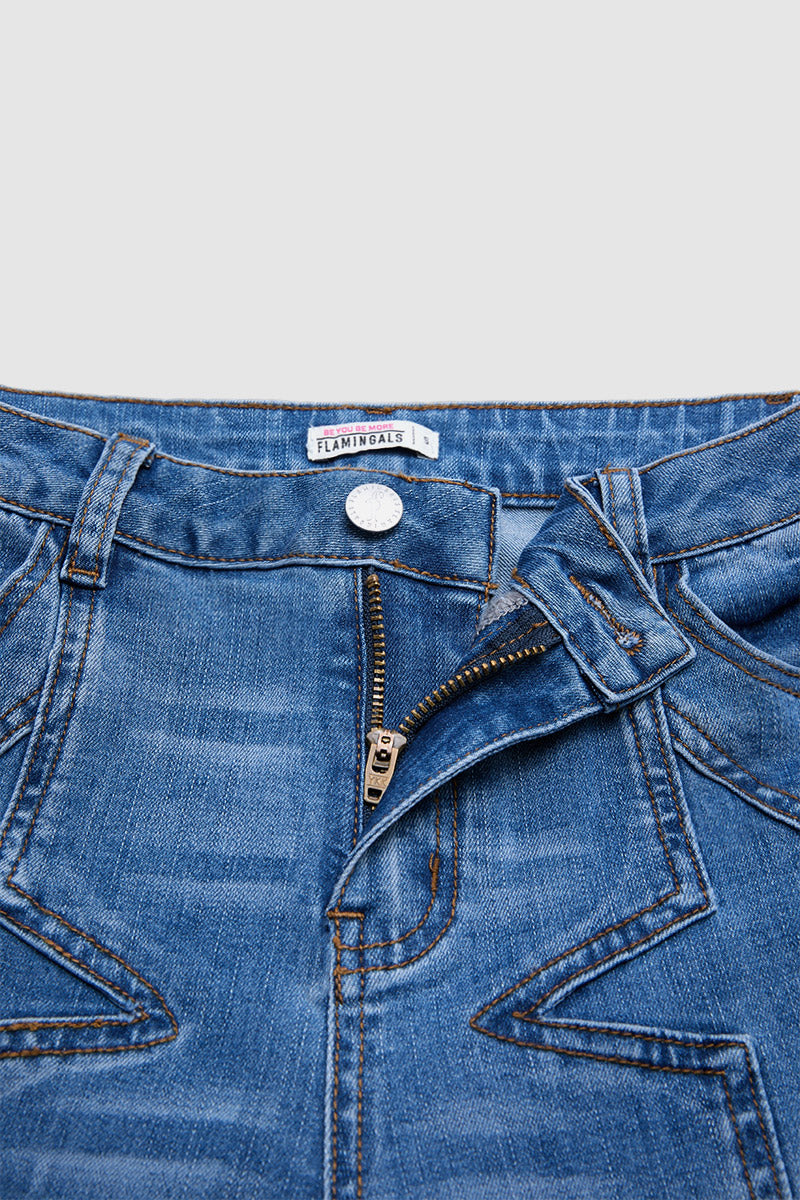Wash Star Pattern Stitch Detail Mid Waist Bootcut Jeans Without Belt