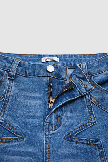 Wash Star Pattern Stitch Detail Mid Waist Bootcut Jeans Without Belt