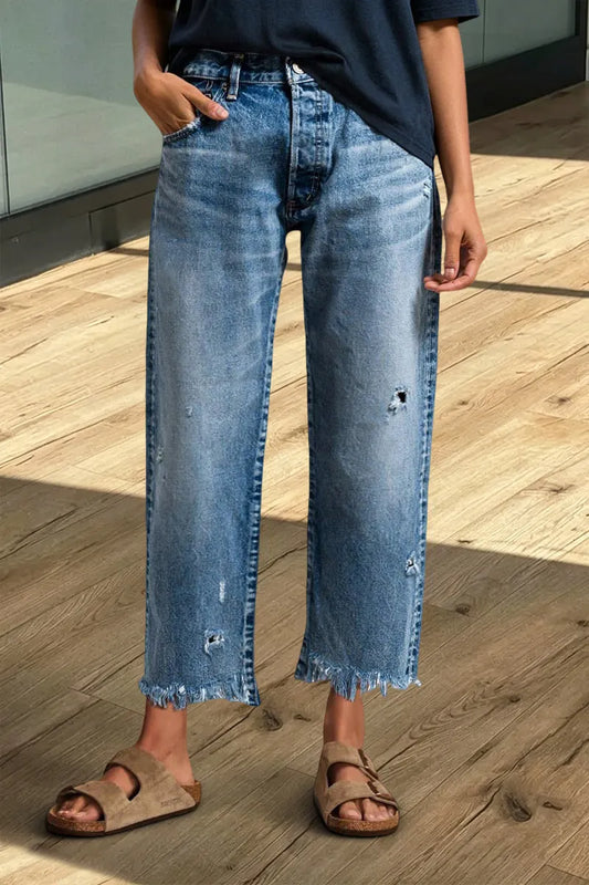 Wash Raw Hem Ripped Mid Rise Crop Straight Leg Jeans