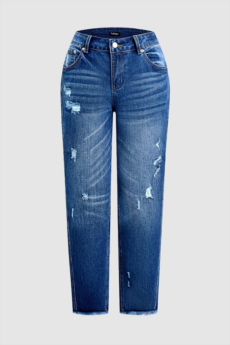 Raw Hem Ripped Mid Waist Straight Leg Crop Jeans